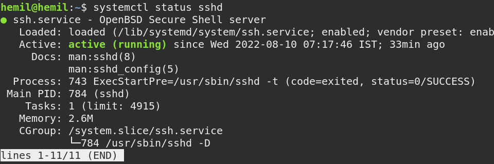 Output for systemctl status sshd